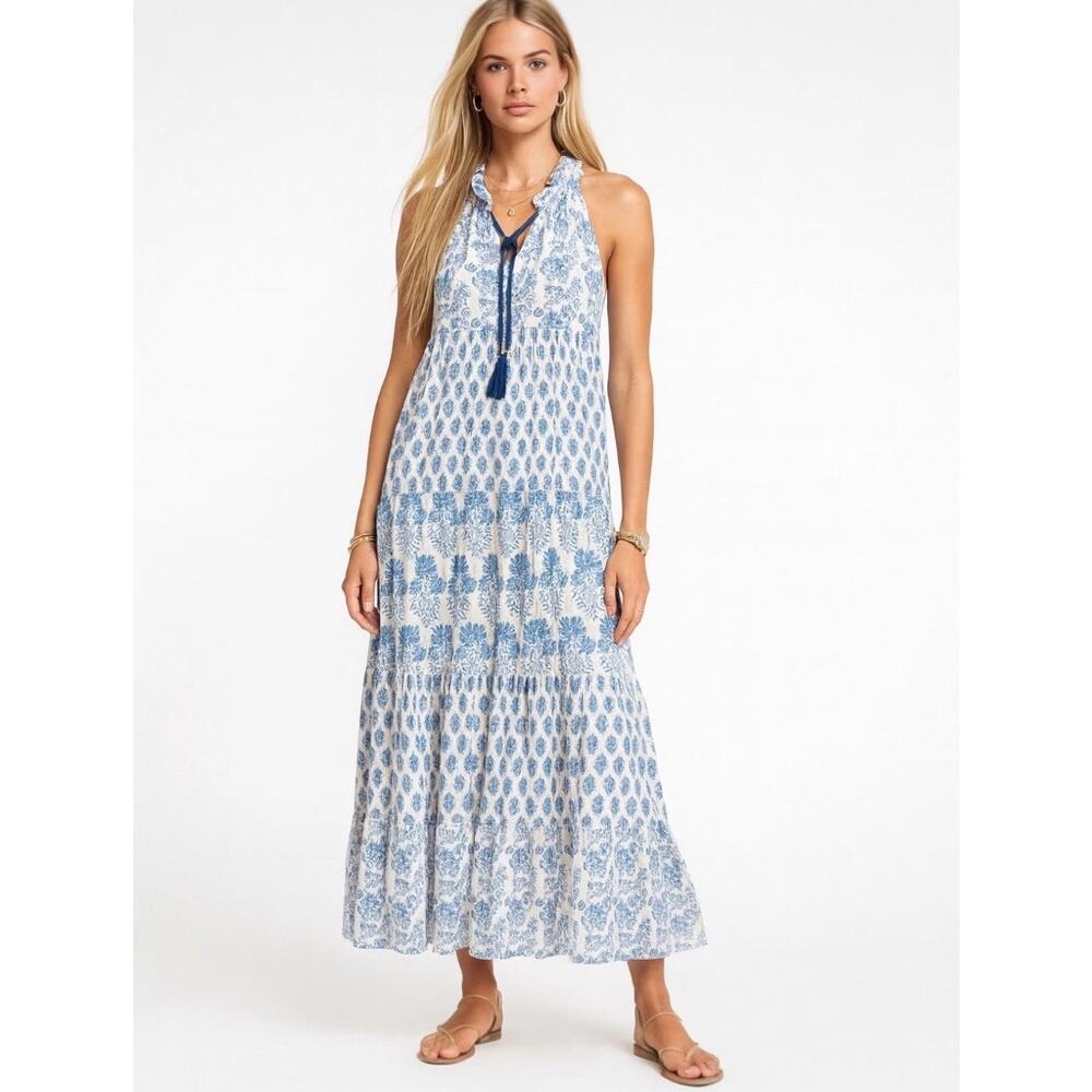 Calypso St Barth Daria Dress M Blue White Block Print Floral Cotton Resort Maxi